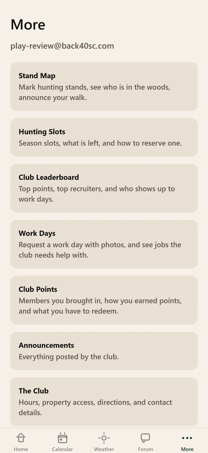 Back40 app menu screen