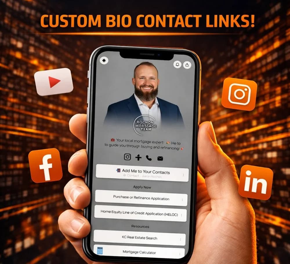 Hand holding a phone that shows a custom bio contact page for Rochon Mortgage Team, with add-to-contacts, application and resource buttons.