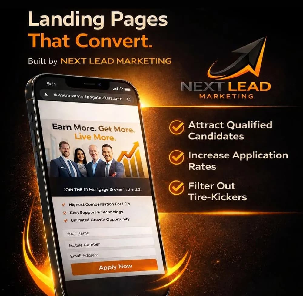 Phone showing a mortgage recruiting landing page with a headline, benefits and an application form, beside the points: attract qualified candidates, increase application rates, filter out tire-kickers.