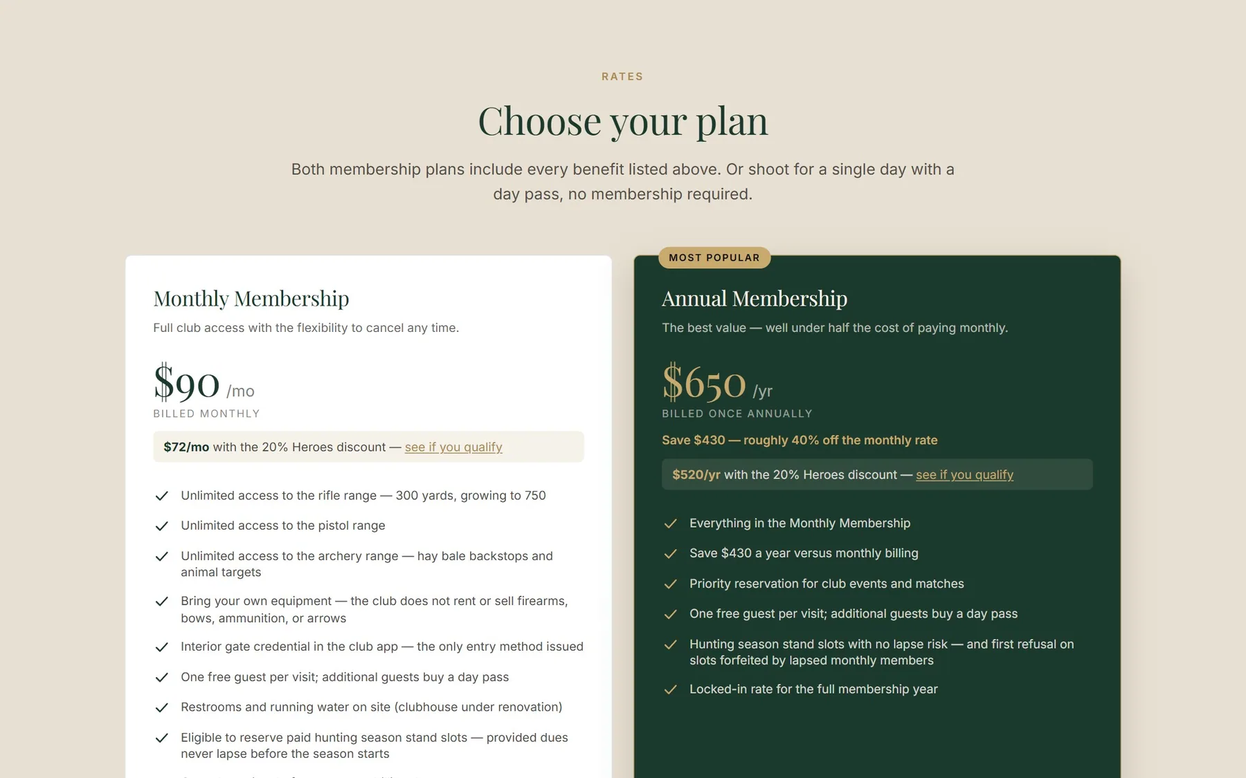 Back40 membership plans and pricing page