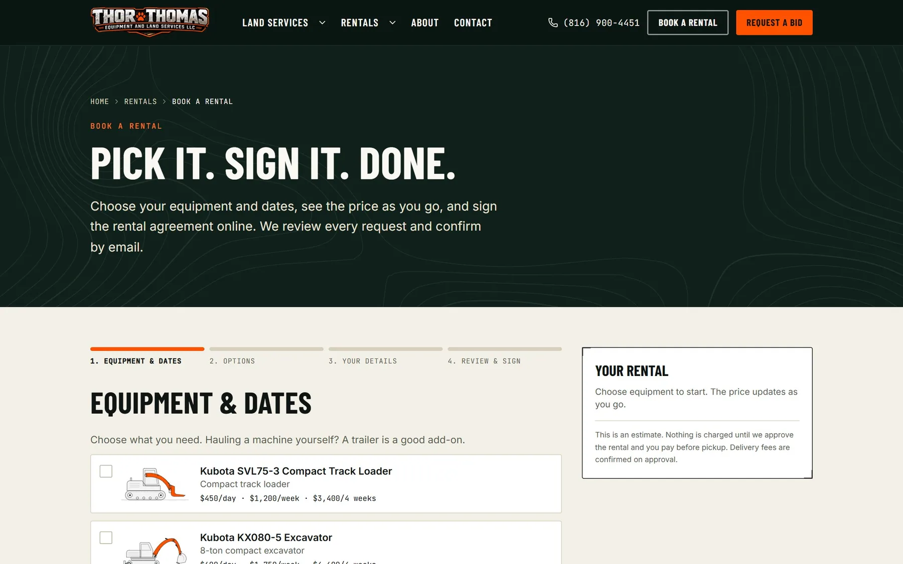 Thor Thomas online equipment rental booking flow
